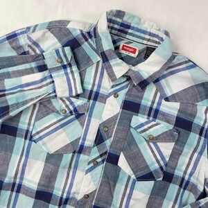 Wrangler Shirt Men's 2XL XXL Pearl Snap Button Down Blue Plaid Long Sleeve